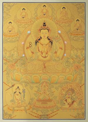 Original 24K Full Gold Four-Armed Chenrezig with Five Dhyani Buddhas, Manjushri, and Vajrapani | Embodiment of Infinite Compassion